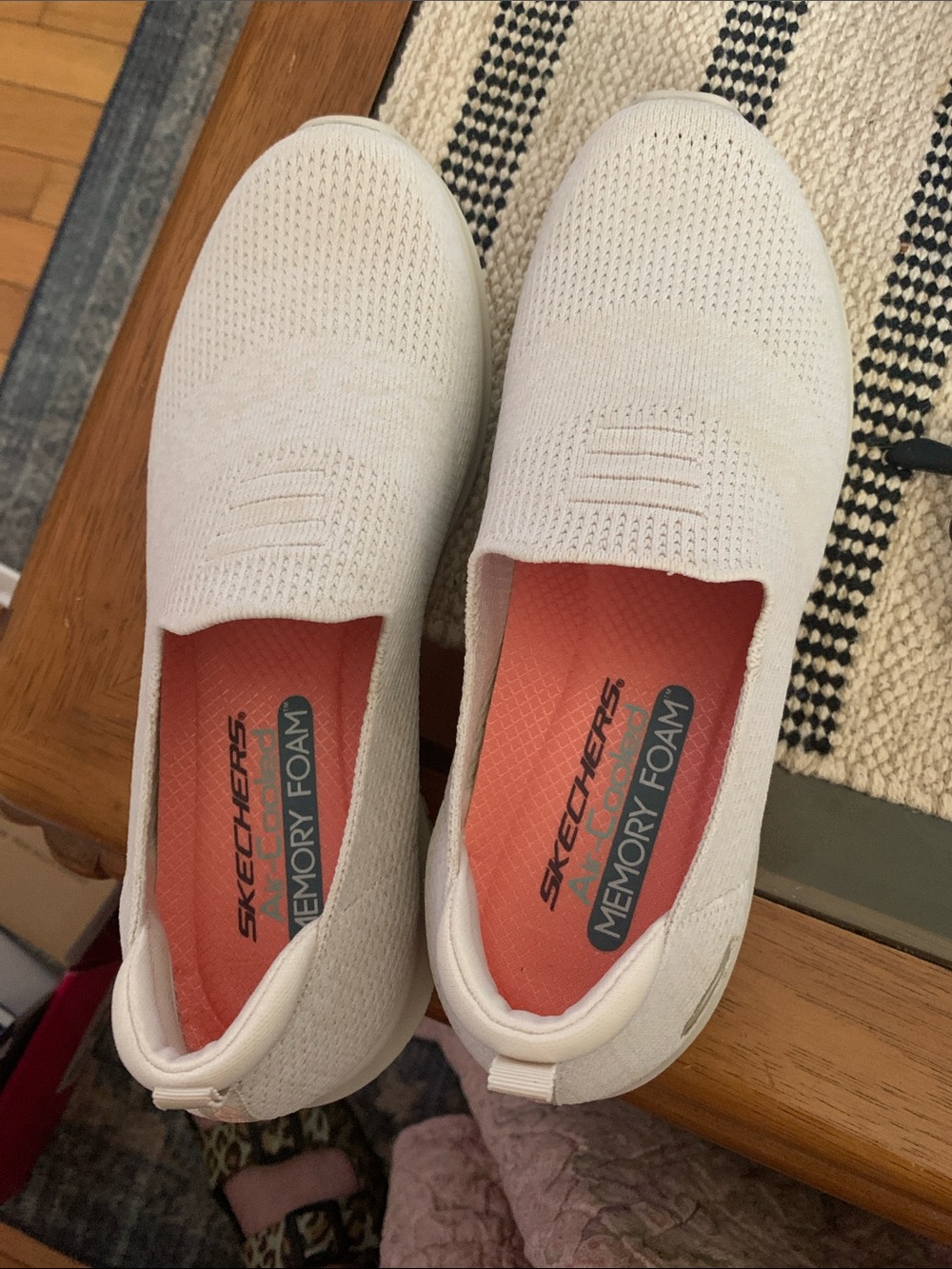Skechers Women's White Slip-On Knit Sneakers with Coral Insoles